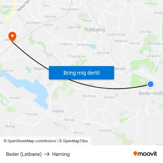 Beder (Letbane) to Hørning map