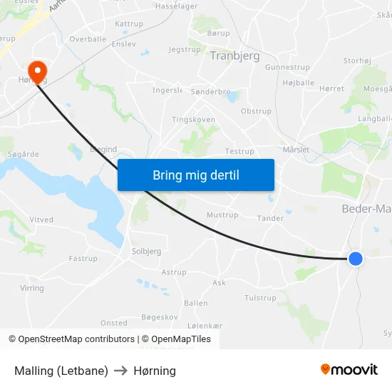 Malling (Letbane) to Hørning map