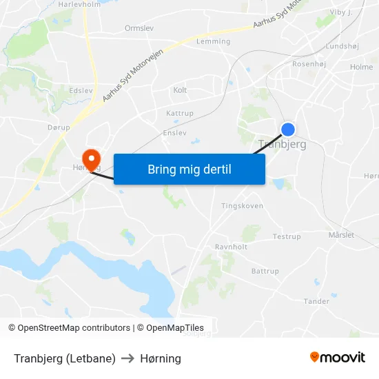 Tranbjerg (Letbane) to Hørning map