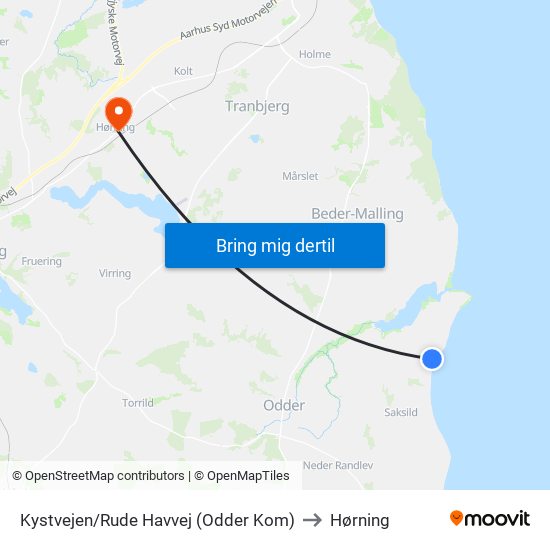 Kystvejen/Rude Havvej (Odder Kom) to Hørning map