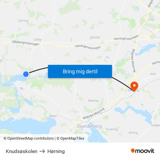 Knudsøskolen to Hørning map