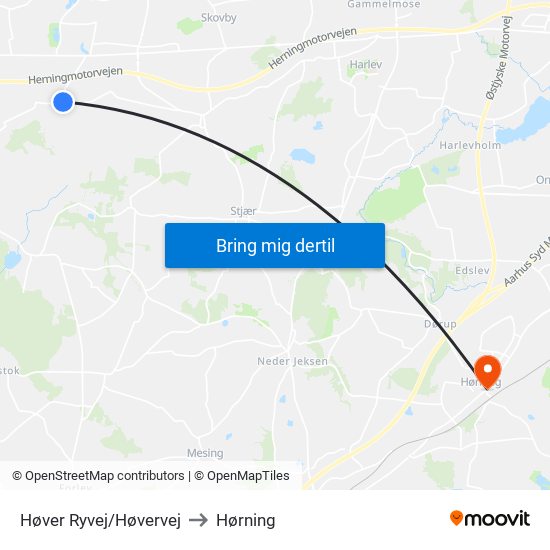 Høver Ryvej/Høvervej to Hørning map