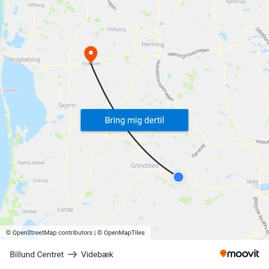 Billund Centret to Videbæk map