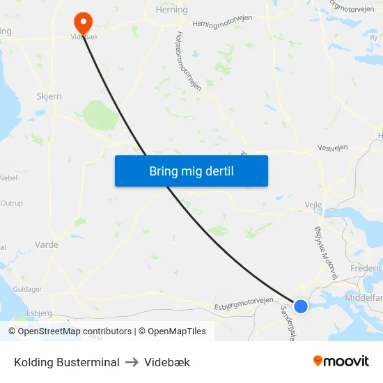 Kolding Busterminal to Videbæk map