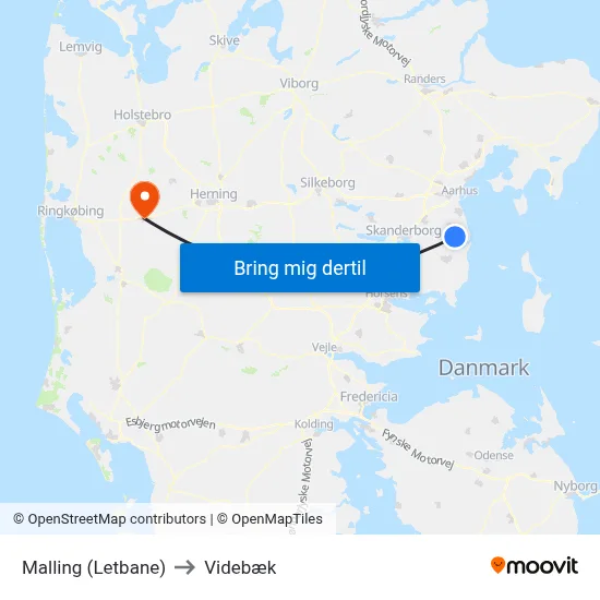 Malling (Letbane) to Videbæk map