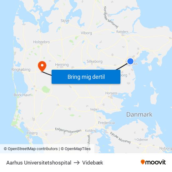 Aarhus Universitetshospital to Videbæk map