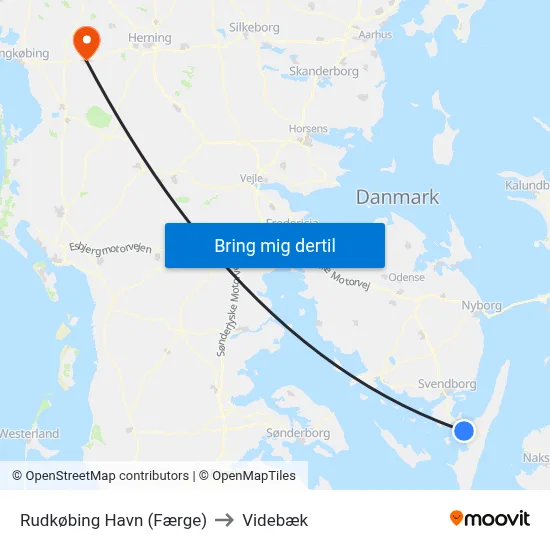 Rudkøbing Havn (Færge) to Videbæk map