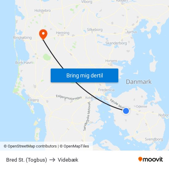 Bred St. (Togbus) to Videbæk map