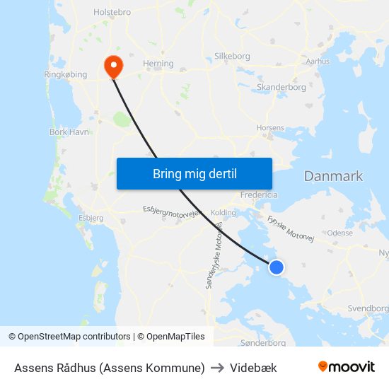 Assens Rådhus (Assens Kommune) to Videbæk map