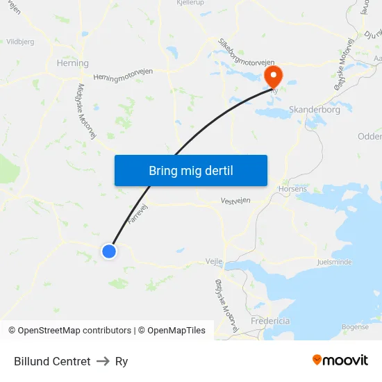 Billund Centret to Ry map