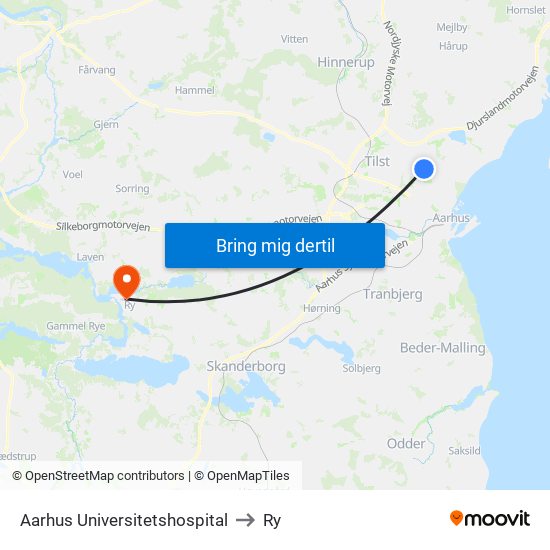 Aarhus Universitetshospital to Ry map