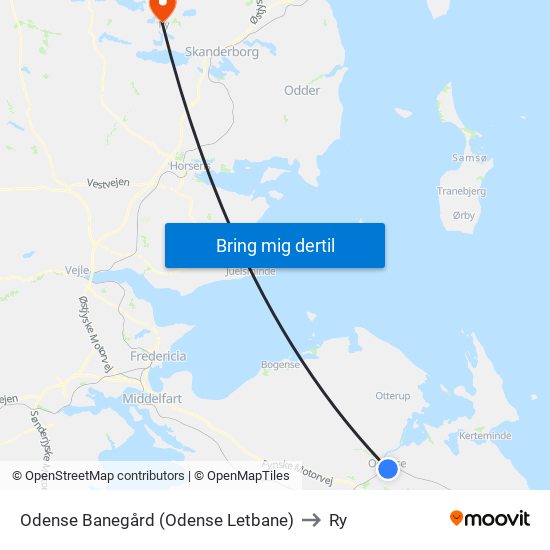Odense Banegård (Odense Letbane) to Ry map