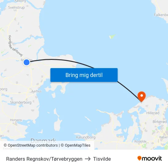 Randers Regnskov/Tørvebryggen to Tisvilde map