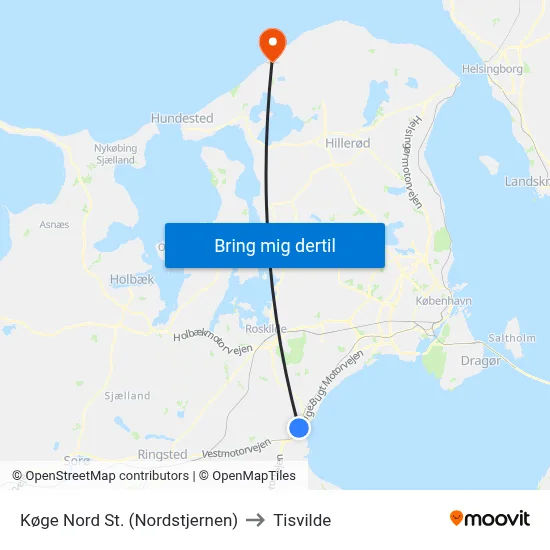 Køge Nord St. (Nordstjernen) to Tisvilde map