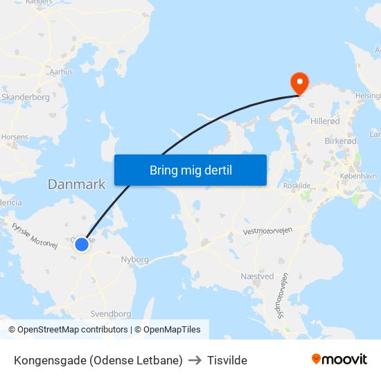 Kongensgade (Odense Letbane) to Tisvilde map
