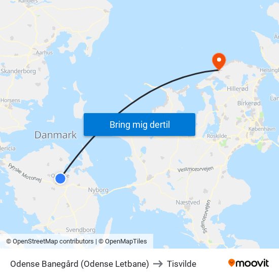 Odense Banegård (Odense Letbane) to Tisvilde map