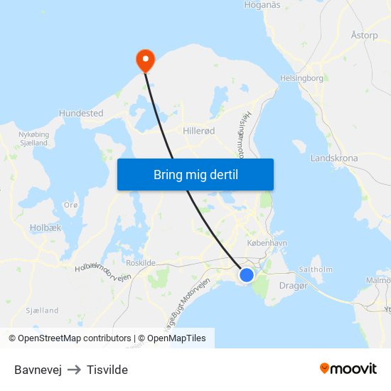 Bavnevej to Tisvilde map