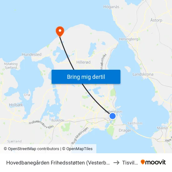 Hovedbanegården Frihedsstøtten (Vesterbrogade) to Tisvilde map