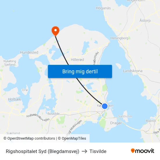 Rigshospitalet Syd (Blegdamsvej) to Tisvilde map