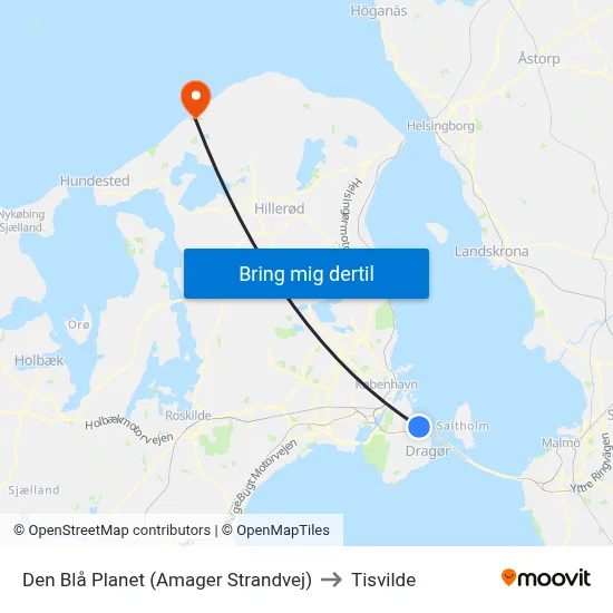 Den Blå Planet (Amager Strandvej) to Tisvilde map