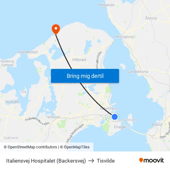 Italiensvej Hospitalet (Backersvej) to Tisvilde map