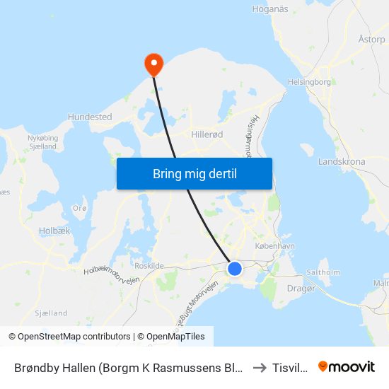 Brøndby Hallen (Borgm K Rasmussens Blvd) to Tisvilde map