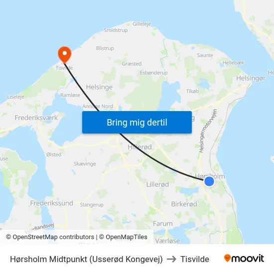 Hørsholm Midtpunkt (Usserød Kongevej) to Tisvilde map