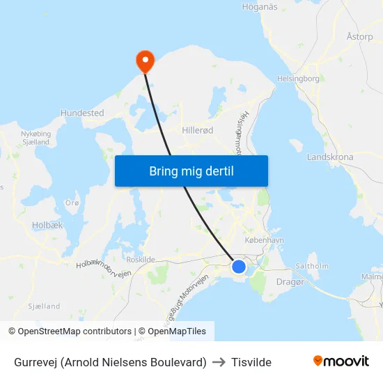Gurrevej (Arnold Nielsens Boulevard) to Tisvilde map