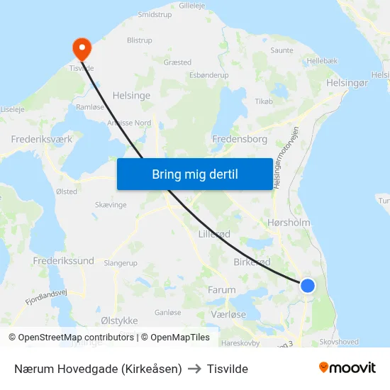 Nærum Hovedgade (Kirkeåsen) to Tisvilde map