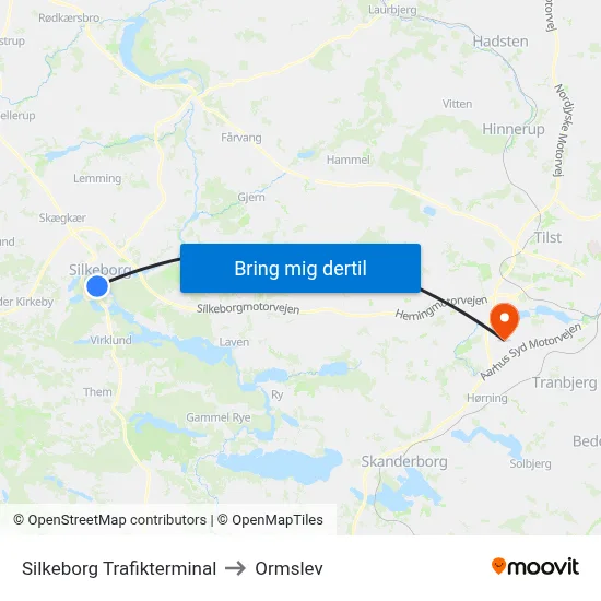 Silkeborg Trafikterminal to Ormslev map