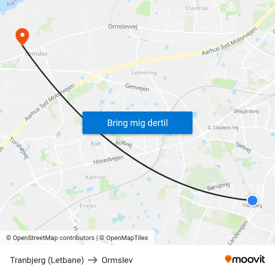 Tranbjerg (Letbane) to Ormslev map