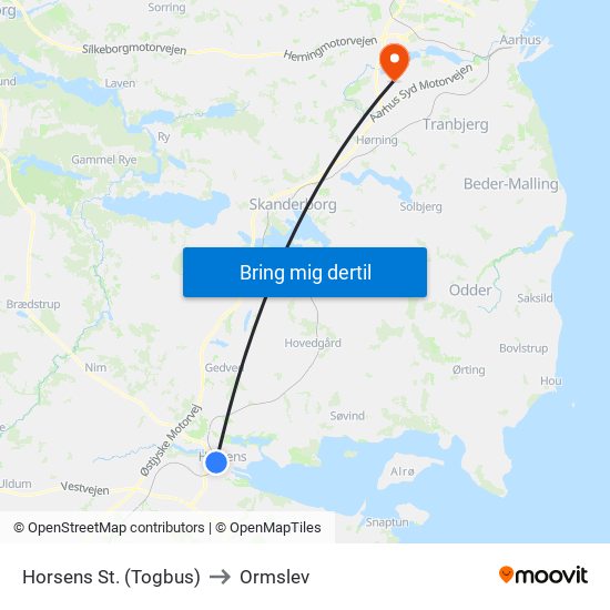 Horsens St. (Togbus) to Ormslev map