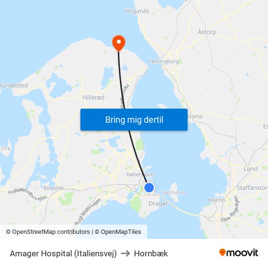 Amager Hospital (Italiensvej) to Hornbæk map