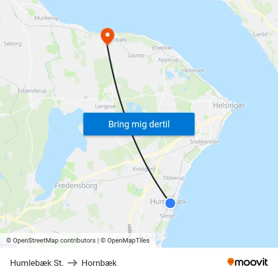 Humlebæk St. to Hornbæk map