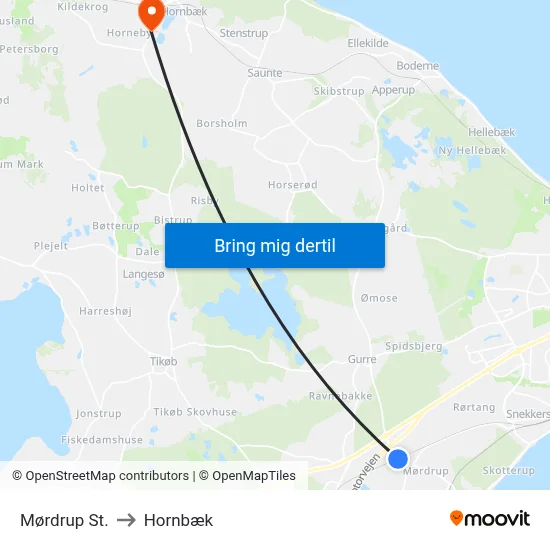 Mørdrup St. to Hornbæk map
