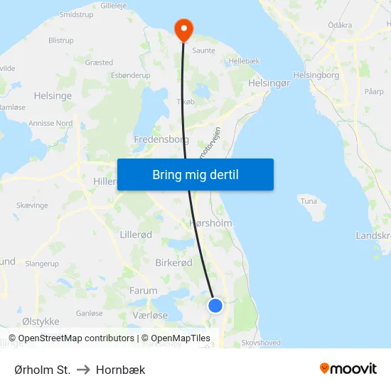 Ørholm St. to Hornbæk map