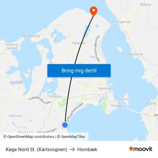 Køge Nord St. (Karlsvognen) to Hornbæk map