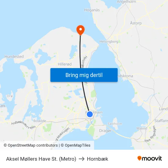 Aksel Møllers Have St. (Metro) to Hornbæk map