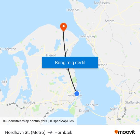 Nordhavn St. (Metro) to Hornbæk map