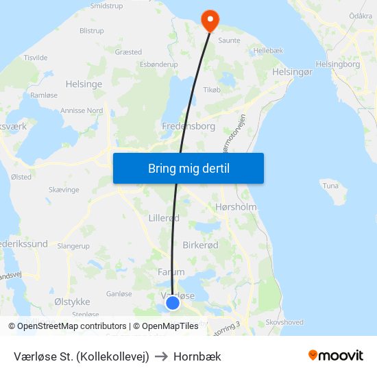 Værløse St. (Kollekollevej) to Hornbæk map