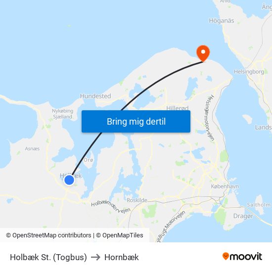 Holbæk St. (Togbus) to Hornbæk map