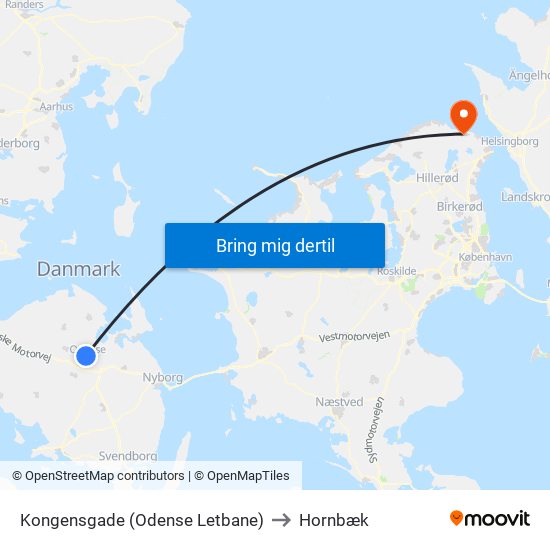 Kongensgade (Odense Letbane) to Hornbæk map