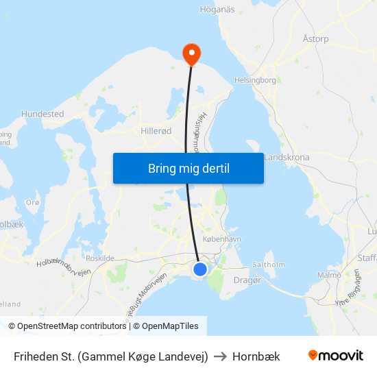 Friheden St. (Gammel Køge Landevej) to Hornbæk map