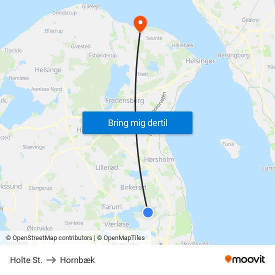 Holte St. to Hornbæk map
