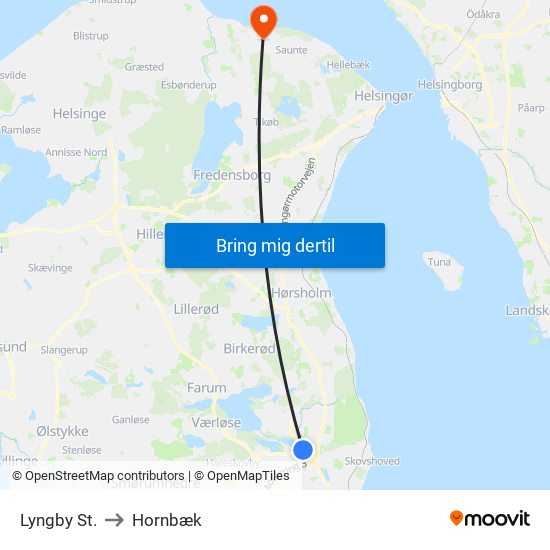 Lyngby St. to Hornbæk map