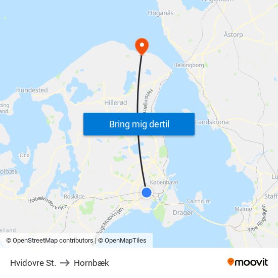 Hvidovre St. to Hornbæk map