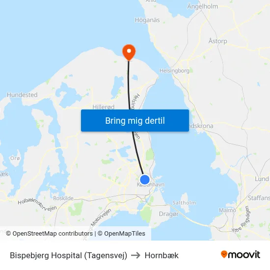 Bispebjerg Hospital (Tagensvej) to Hornbæk map