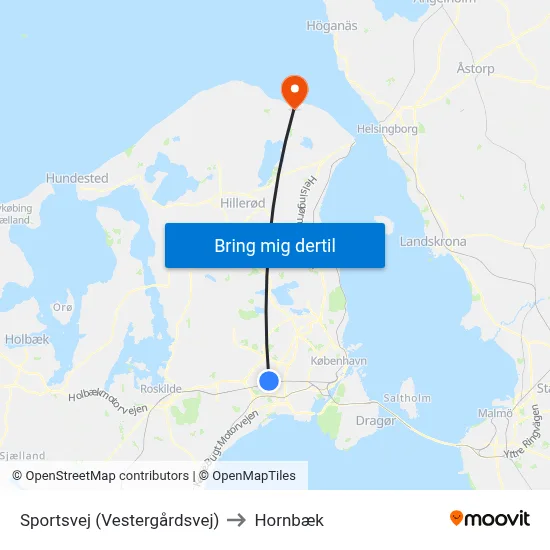 Sportsvej (Vestergårdsvej) to Hornbæk map