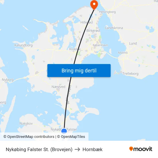 Nykøbing Falster St. (Brovejen) to Hornbæk map