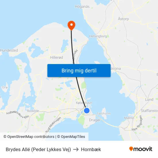 Brydes Allé (Peder Lykkes Vej) to Hornbæk map